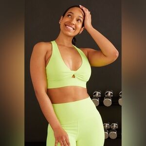 Fabletics Neon Lime V‑Neck Cutout Sports Bra and shorts